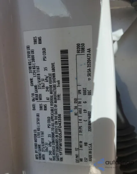 2018 Ford F150 Supercrew z USA, uszkodzony, nr VIN 1FTFW1EG5JFD43356